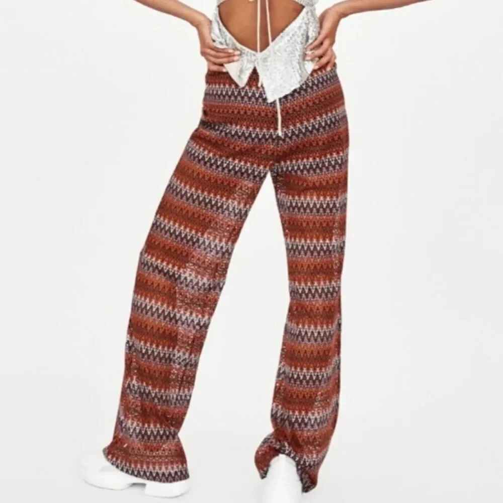 ZARA Trafaluc Zig Zag Chevron Open Knit Wide Leg Pants - Small